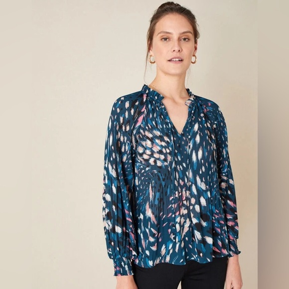 Monsoon London Animal Print Pleated Long Sleeve in Teal - Size L - Picture 2 of 4